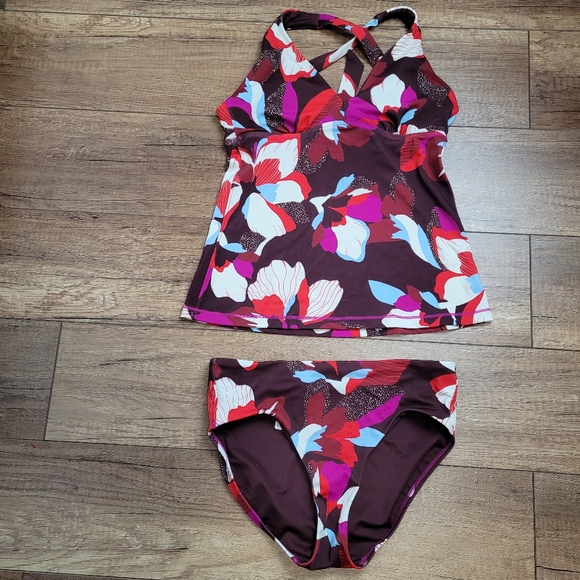 Athleta Plunge Tankini Hero Bloom Decadent Chocolate full bottom swimwear small - Picture 15 of 16
